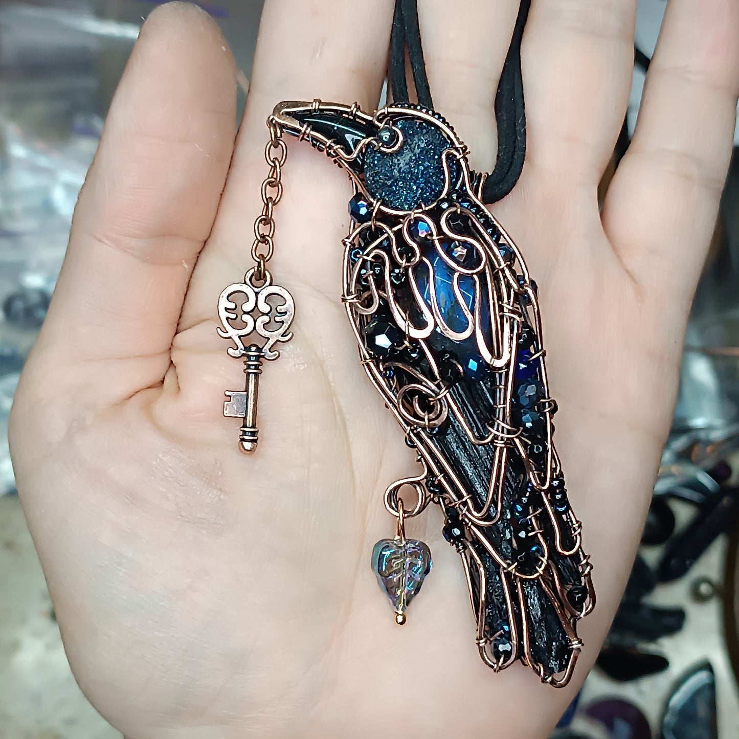 Dark blue night Secret keeper necklace. Blue raven.