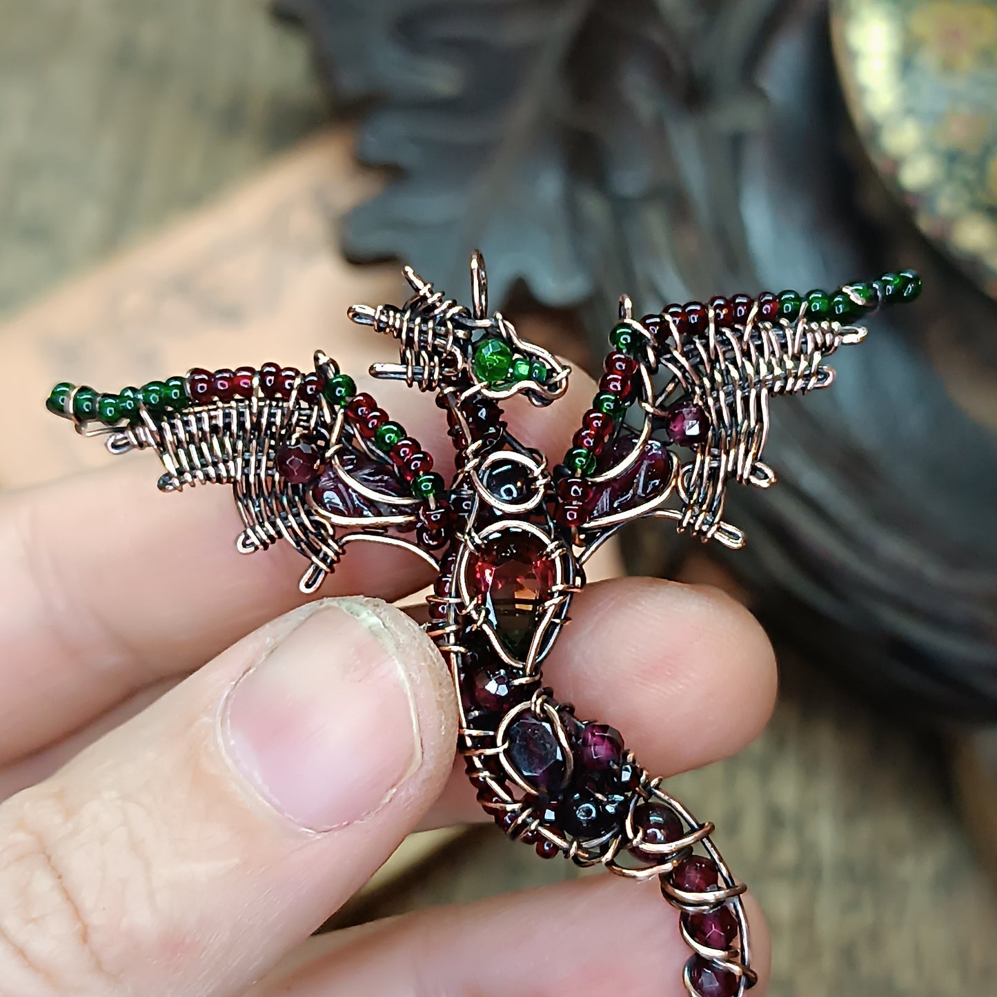 Little green and red dragon pendant