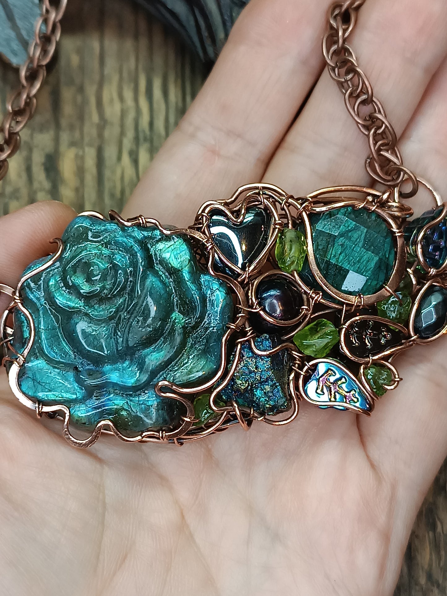 Blue peacock rose necklace