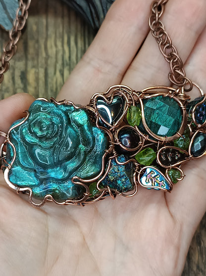 Blue peacock rose necklace