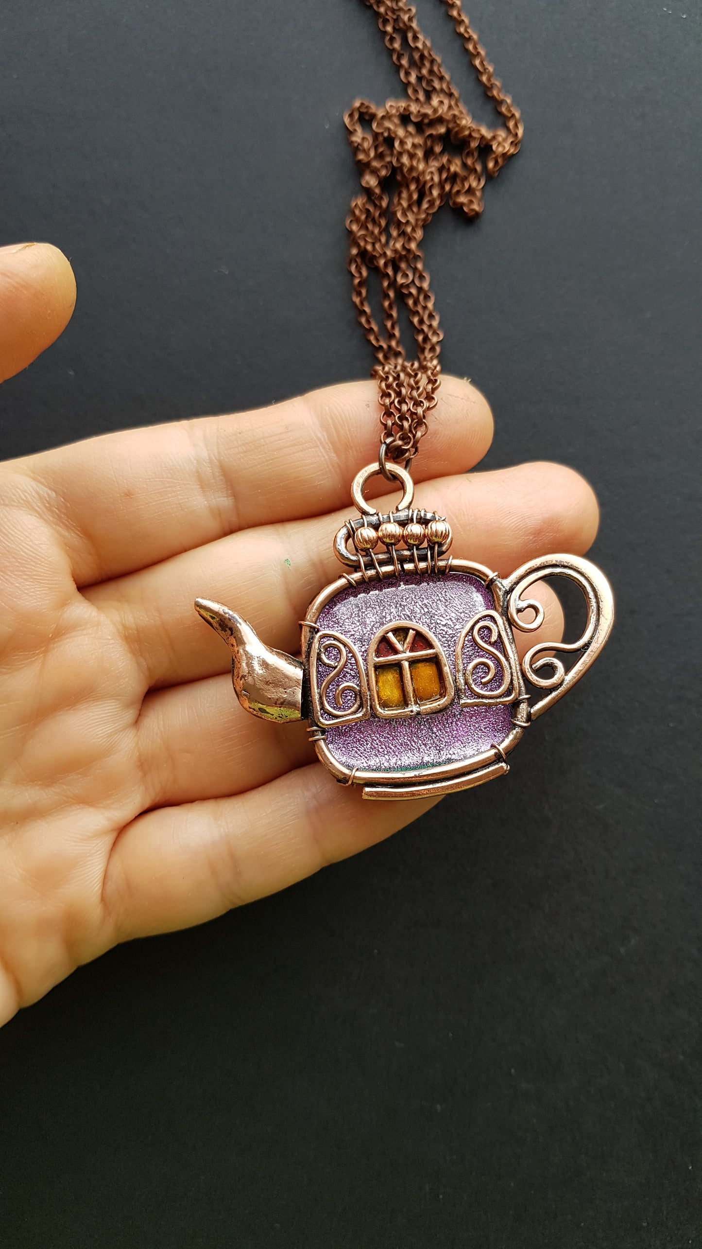 Magic sparkling purple fairy house teapot necklace.