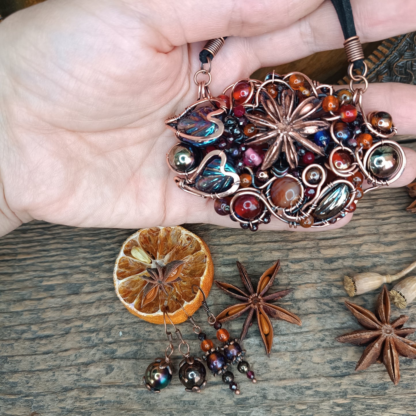 Beaded statement necklace and earrings.