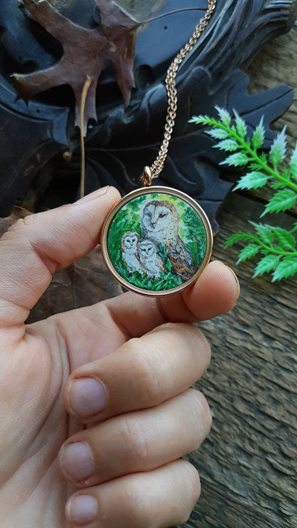 Owl family. Two sided pendant.