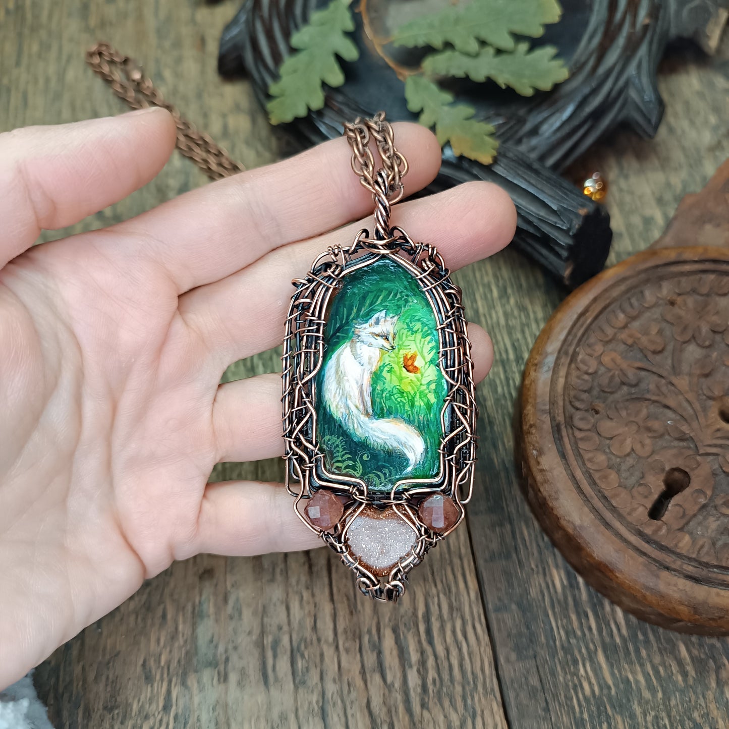 Forest light guardians.🦊🦊 Wire wrapped necklace with miniature paintings.