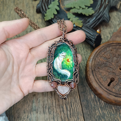 Forest light guardians.🦊🦊 Wire wrapped necklace with miniature paintings.