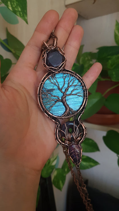 Blue tree of life. Statement copper wire wrapped necklace