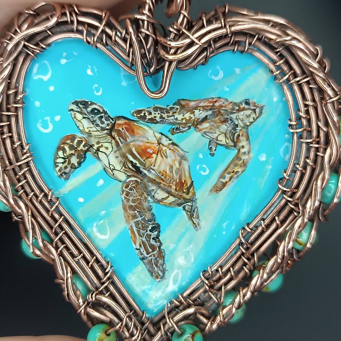 Heart of the ocean. Wire wrapped hand painted necklace. Reversible.