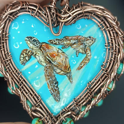 Heart of the ocean. Wire wrapped hand painted necklace. Reversible.