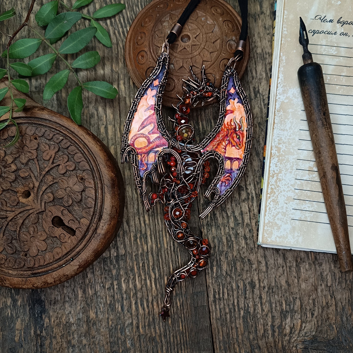The ballad of Red dragon and his love. Wearable art necklace.
