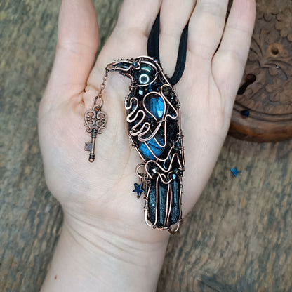 Secret keeper. Raven with the blue star. Wire wrapped necklace