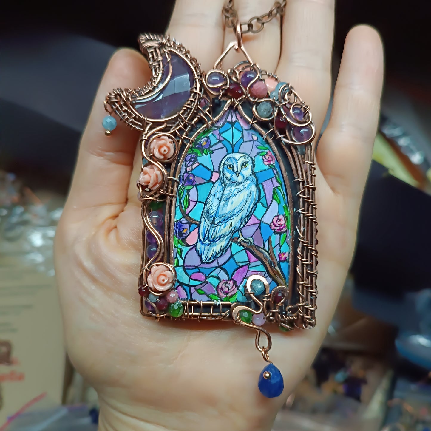 For Diane. Custom necklace. Owl and cat magic window.