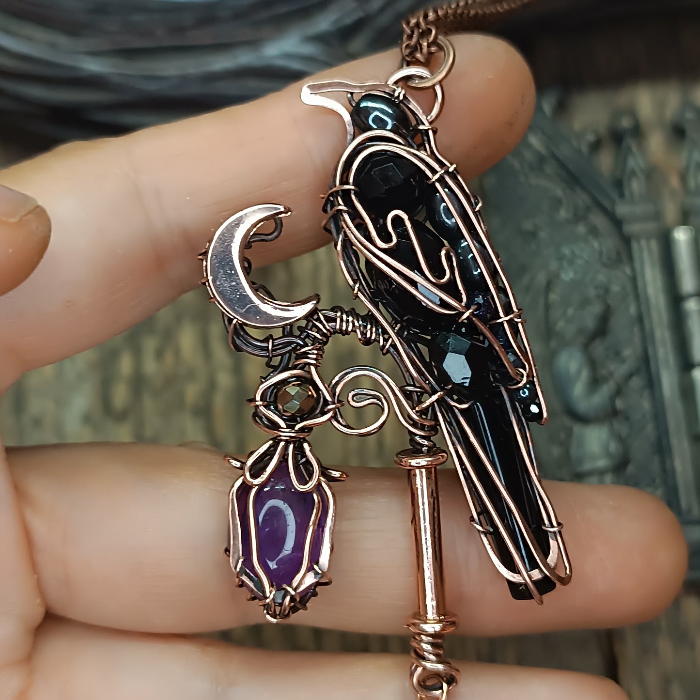 Raven on amethyst lantern necklace 🐦‍⬛💜
