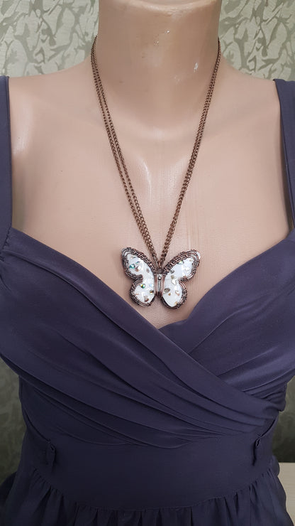 Reversible. White enamel butterfly necklace.