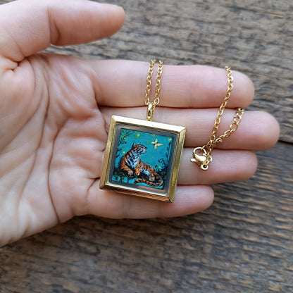 Tiger and princess. Hand painted miniature pendant. Sure thing its one of a kind!