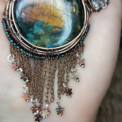 Owl over the sunset moon necklace