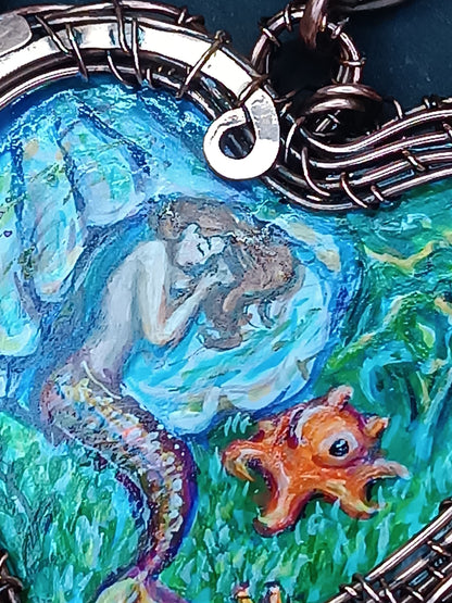 Heart of the ocean. Wire wrapped hand painted necklace. Reversible.