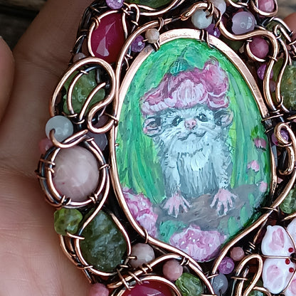 Charming possums and cherry blossom. Wire wrapped 2 sided necklace with miniature paintings