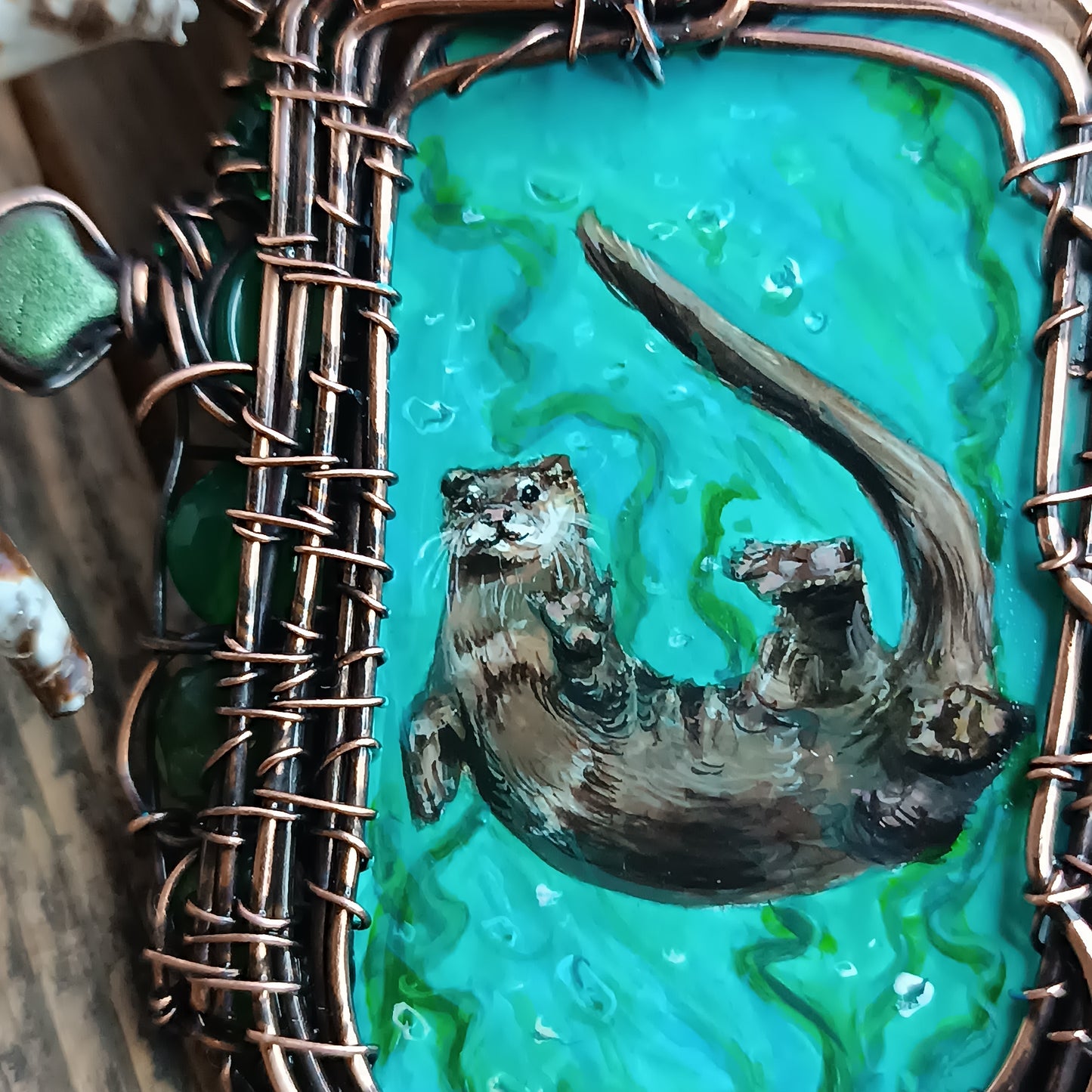 Aquatic adventure 🐢🦦 Hand painted wire wrapped necklace. 2 sided.