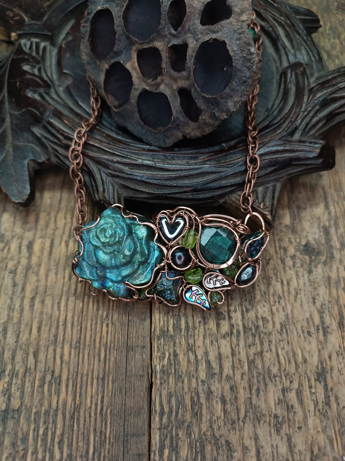 Blue peacock rose necklace