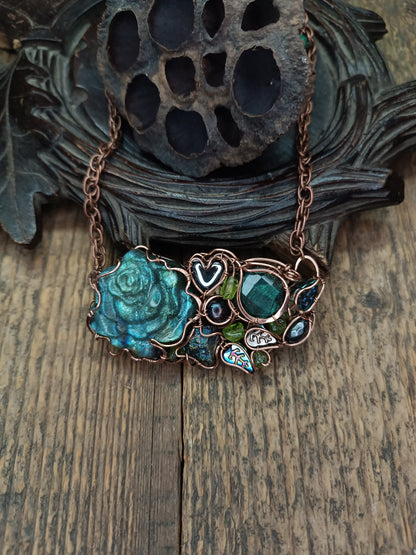 Blue peacock rose necklace