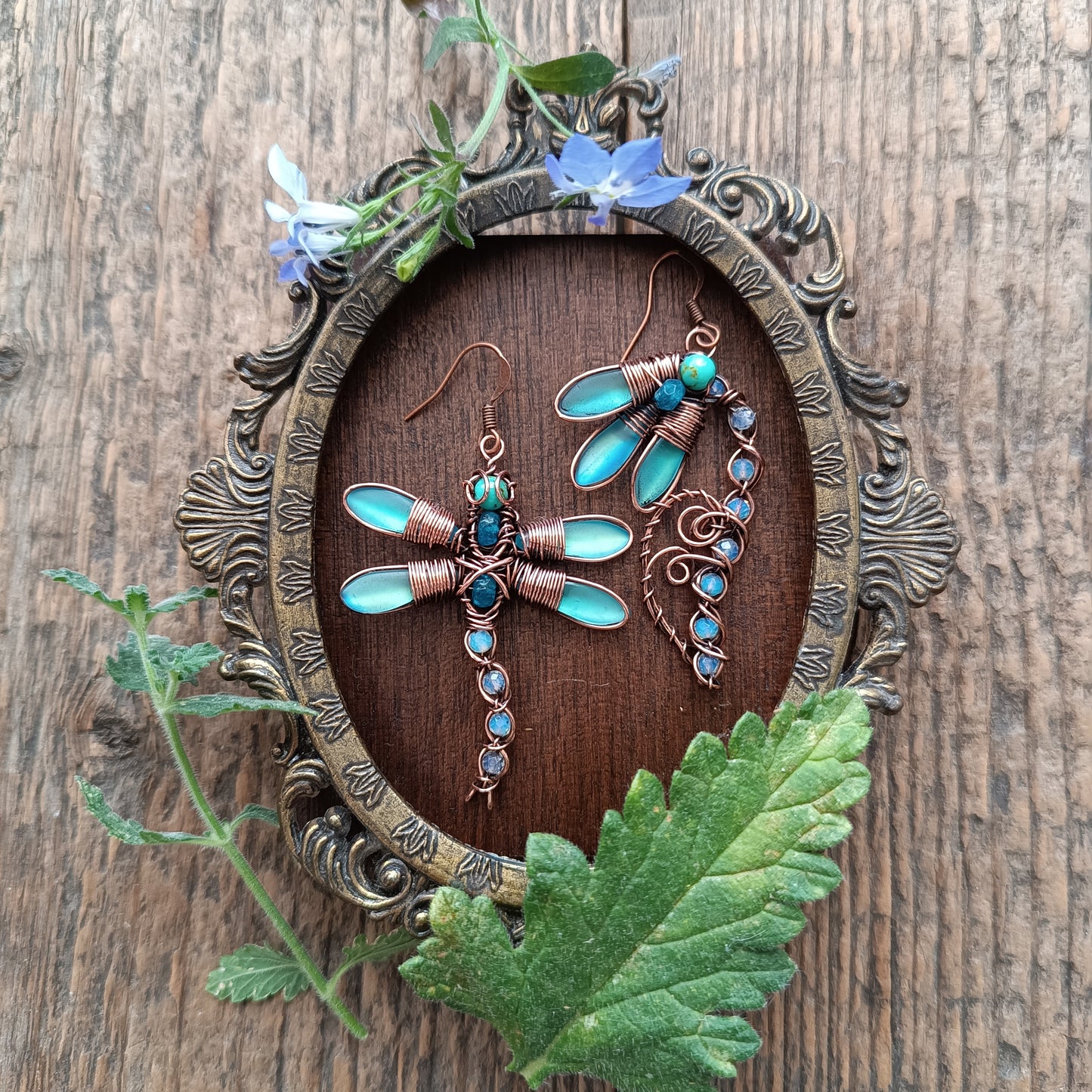 Blue dragonfly and bellflower earrings