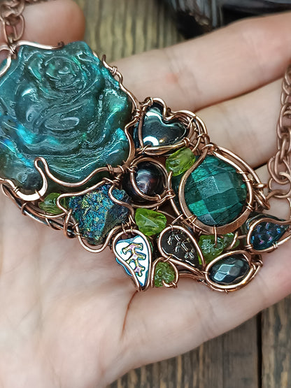Blue peacock rose necklace