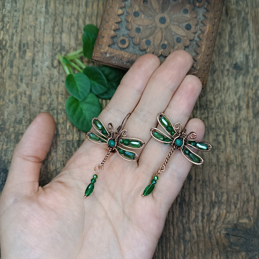 Green dragonfly dangling earrings