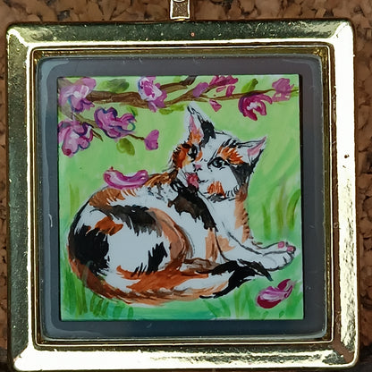 Cats sunbathing. Miniature hand painted pendant.
