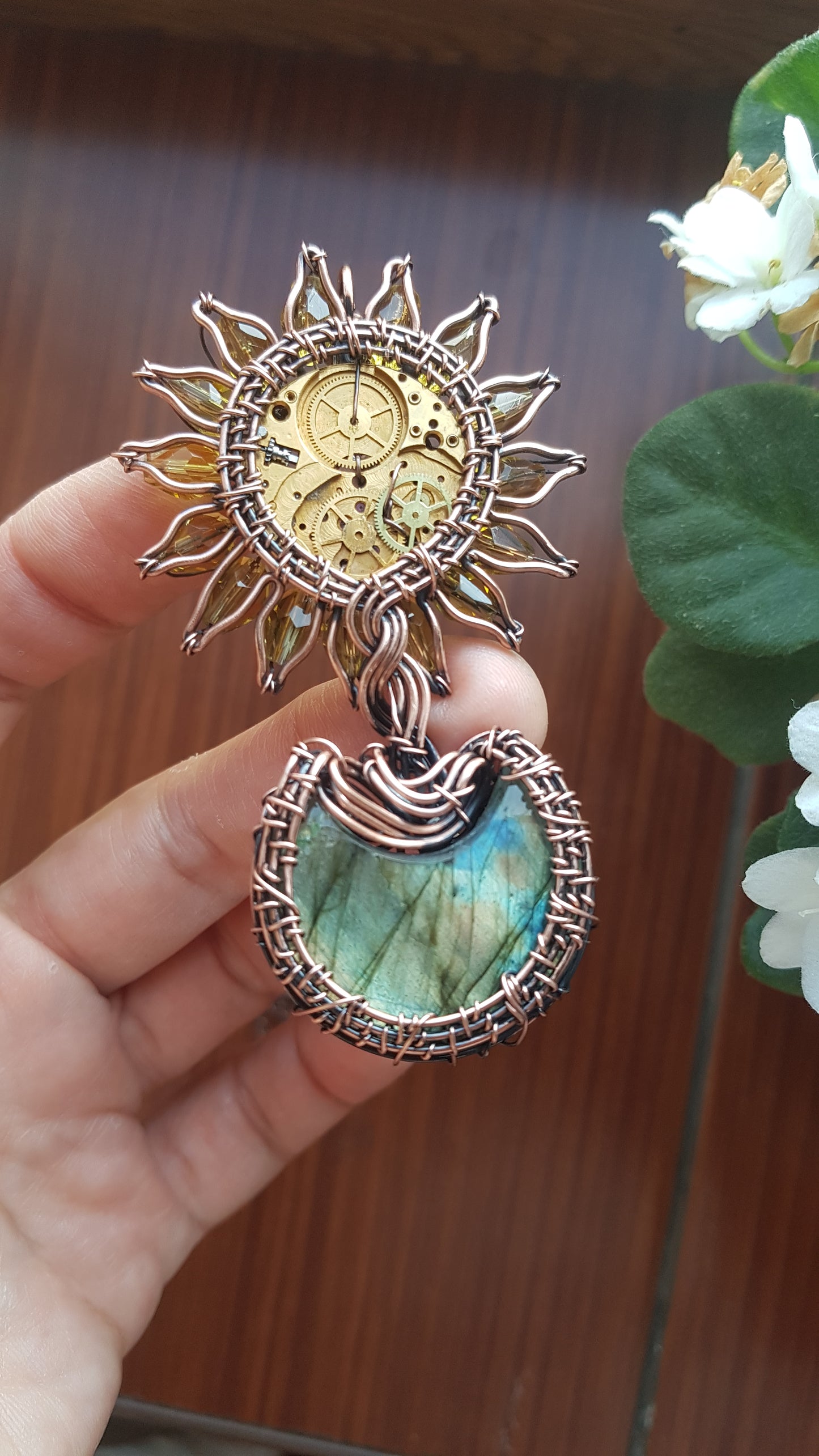 Magic sunflower in a moon pot. pendant