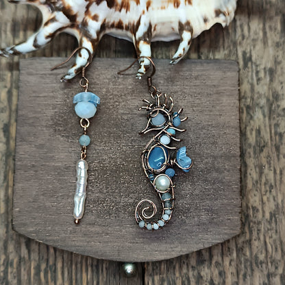 Blue and white seahorse earrings