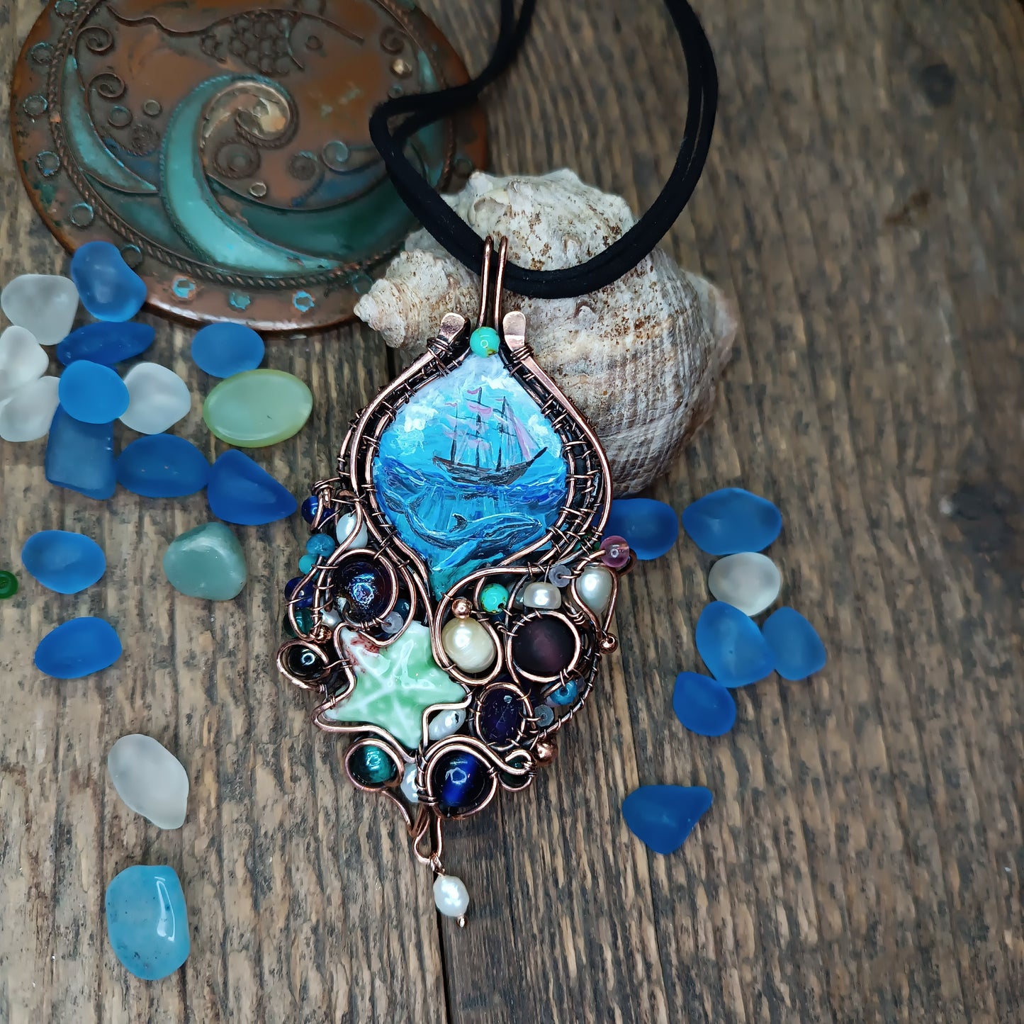 "Ocean" Copper necklace with mini paintings.