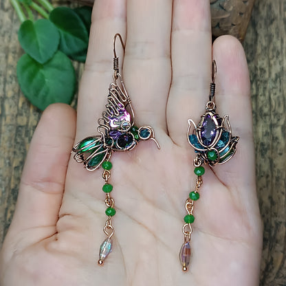 Humming bird and flower dangling earrings.