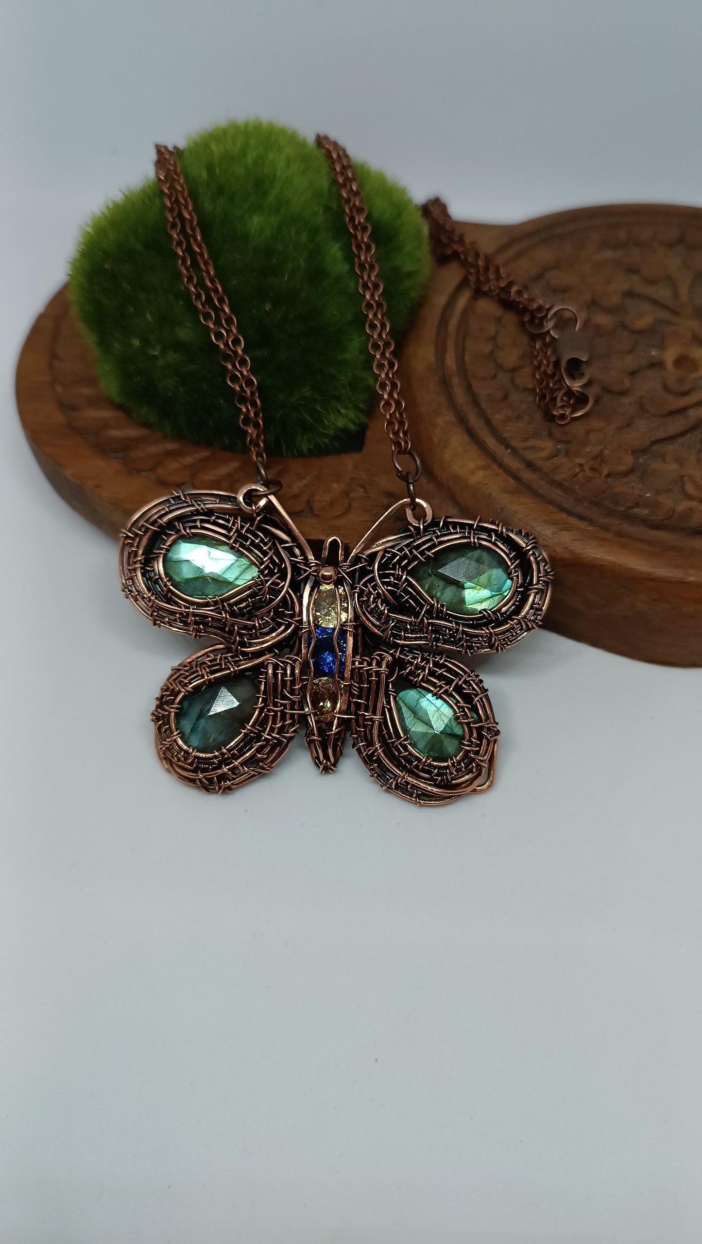 Copper wire wrapped butterfly necklace with faceted labradorites