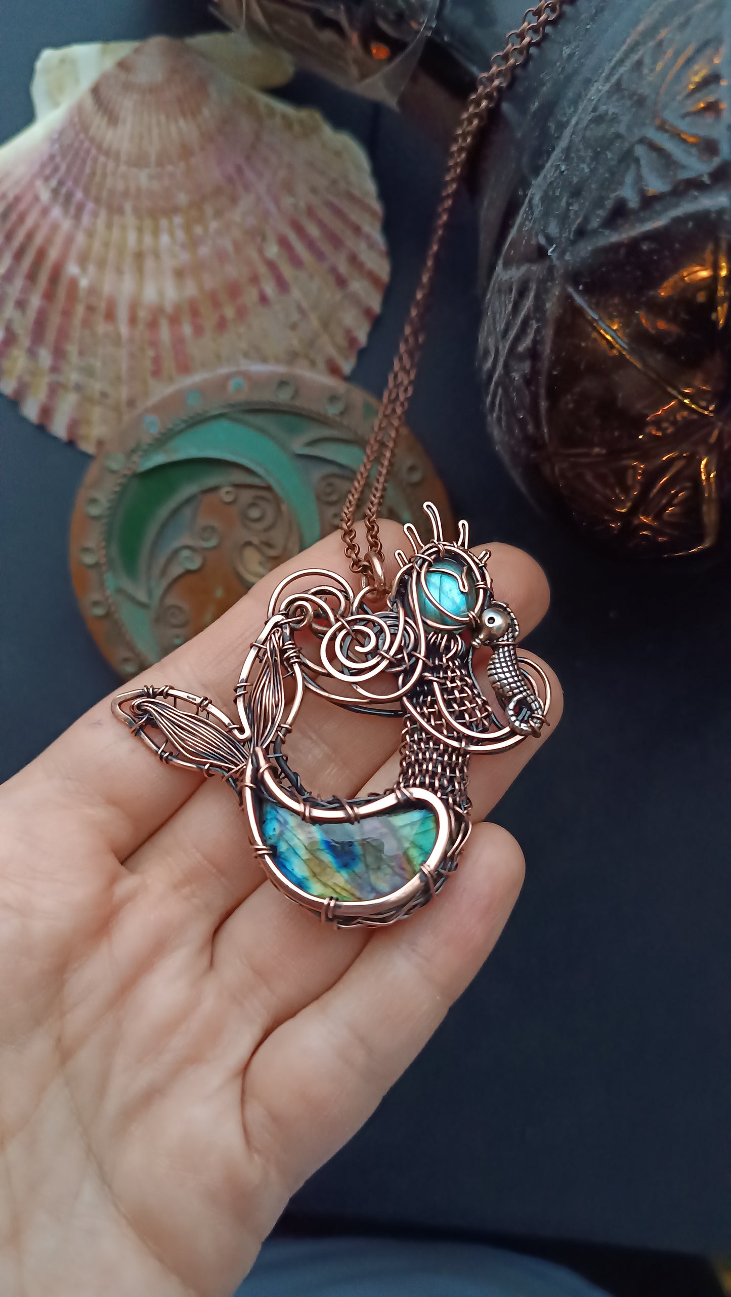 Mermaid and baby seahorse. Wire wrapped necklace