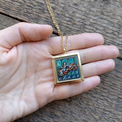 Tiger and princess. Hand painted miniature pendant. Sure thing its one of a kind!