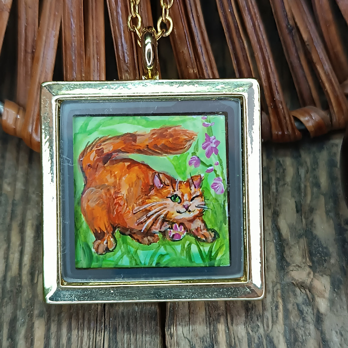 Cats sunbathing. Hand painted pendant.