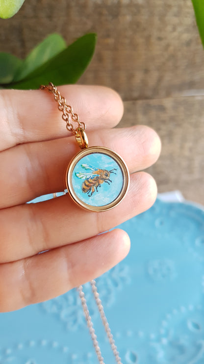 Bee and sunflowers. Double sided mini painted charm.