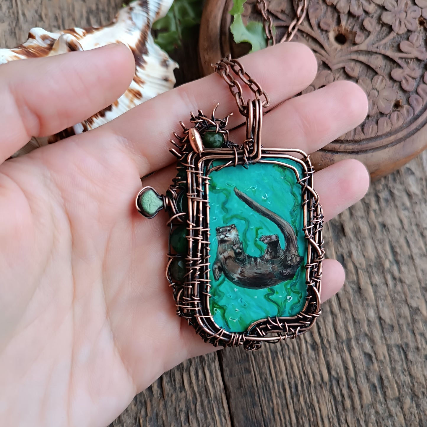 Aquatic adventure 🐢🦦 Hand painted wire wrapped necklace. 2 sided.