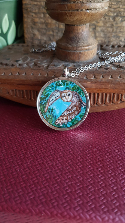 Forest magic owl. Double sided mini painted pendant.