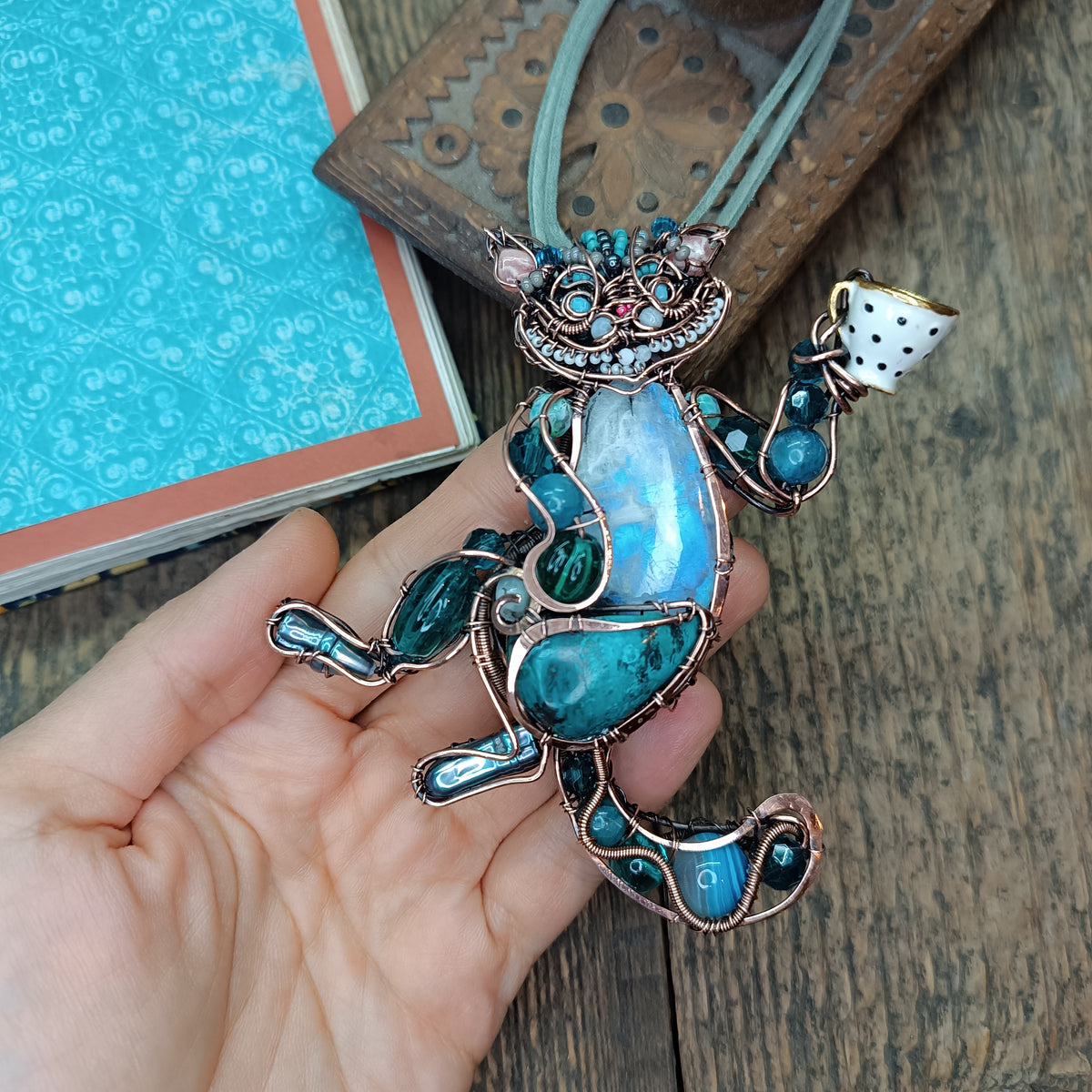 Blue cat at the tea party necklace🩵🐱☕