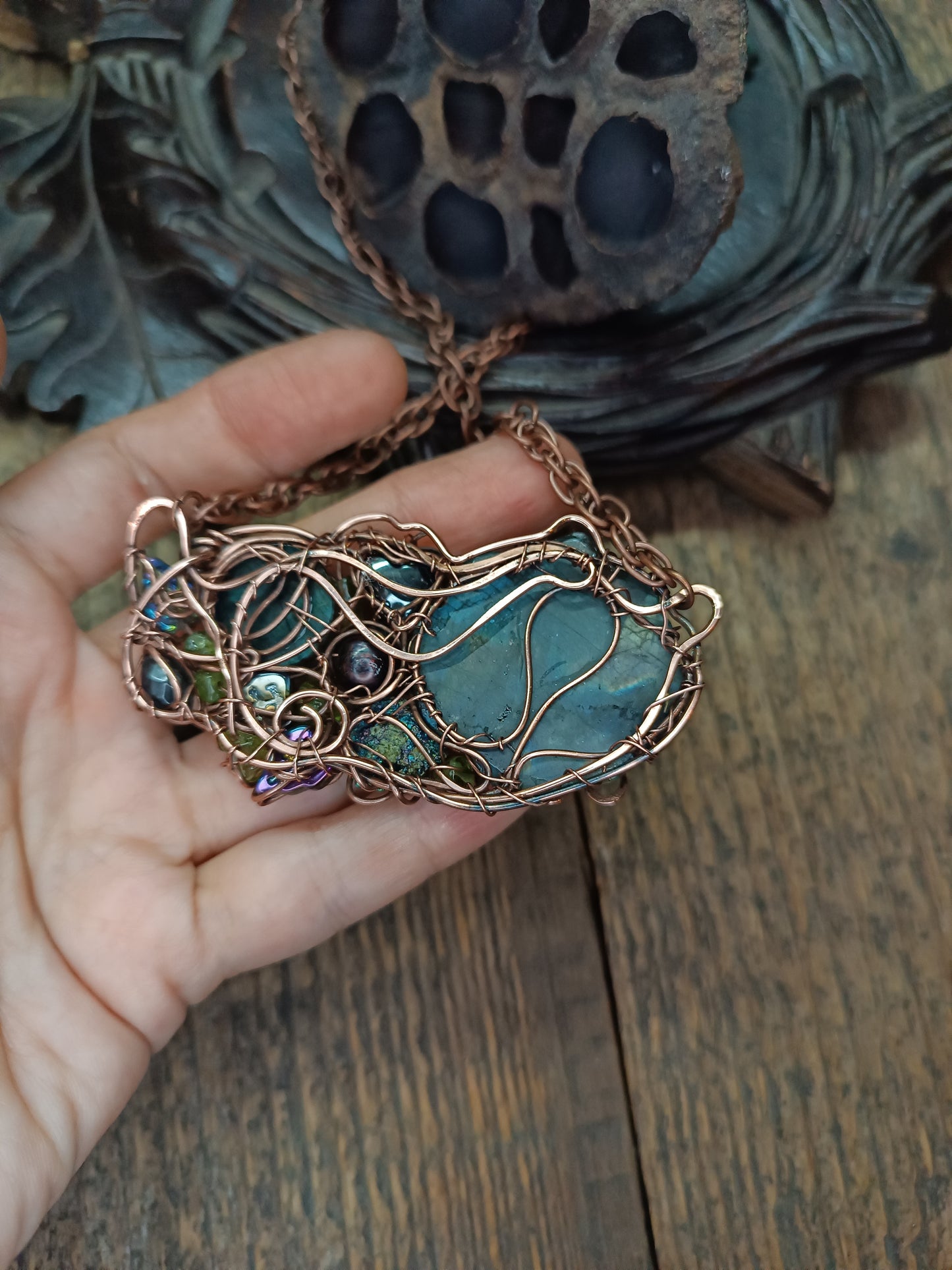 Blue peacock rose necklace