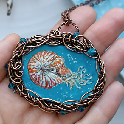 "Unforgettable diving". Wire wrapped and hand painted necklace.