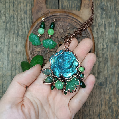 Ginkgo and rose necklace and earrings