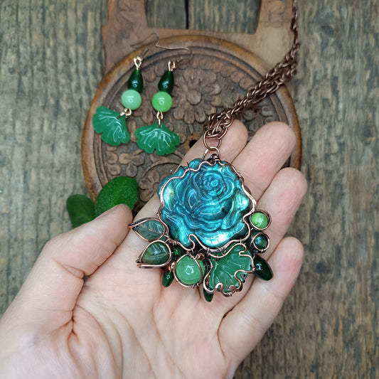 Ginkgo and rose necklace and earrings