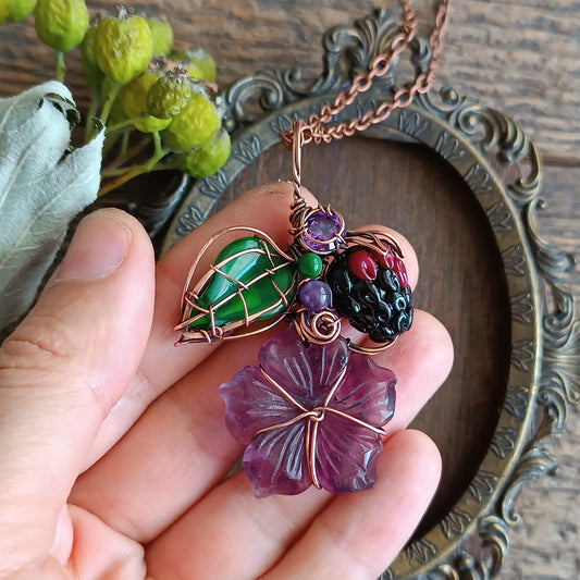 Fluorite flower and blackberry necklace
