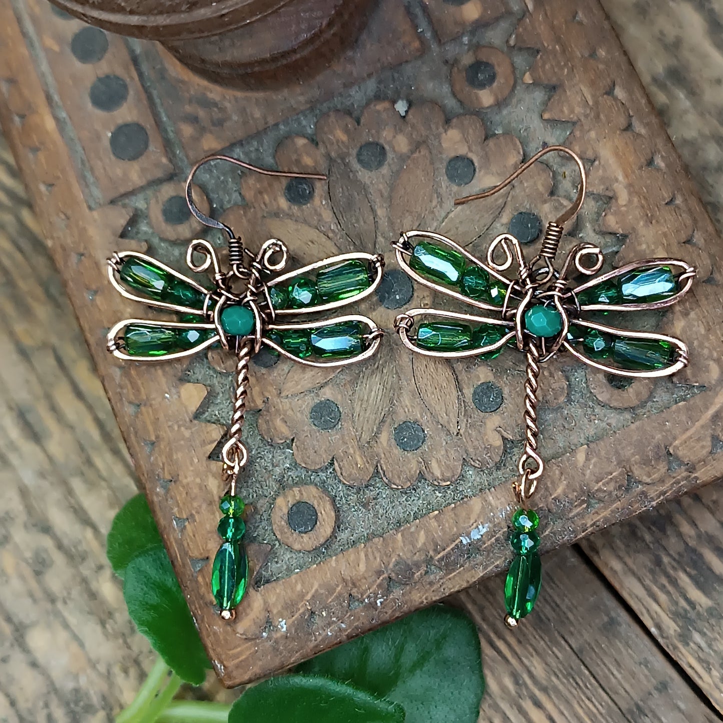 Green dragonfly dangling earrings