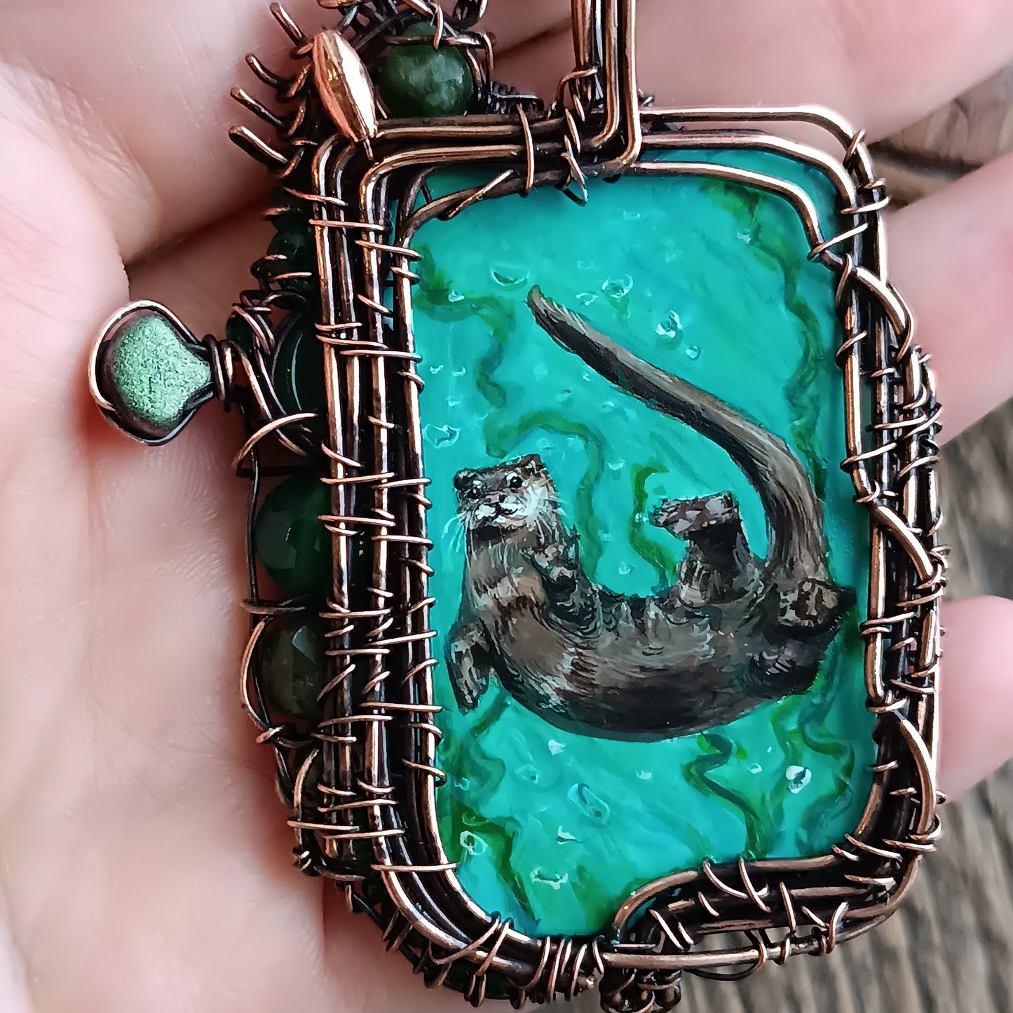 Aquatic adventure 🐢🦦 Hand painted wire wrapped necklace. 2 sided.