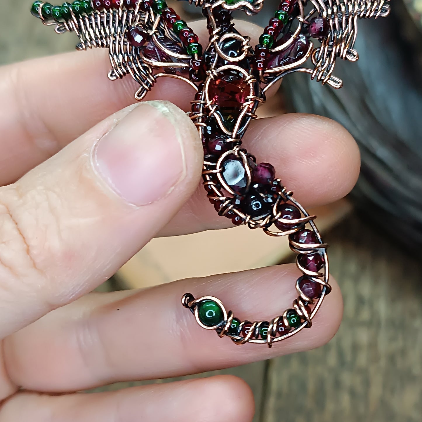 Little green and red dragon pendant