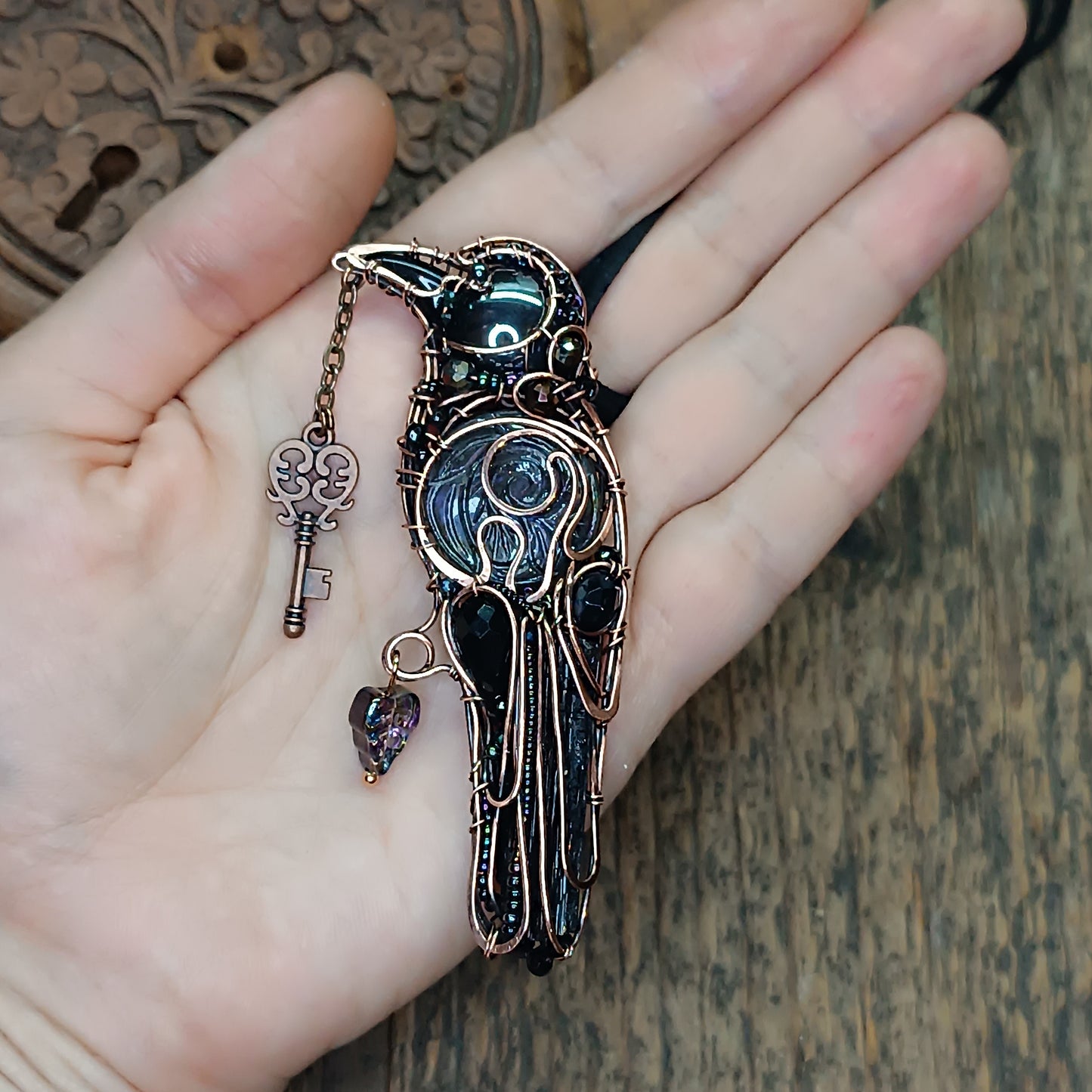 Purple wing Secret Keeper. Raven necklace.