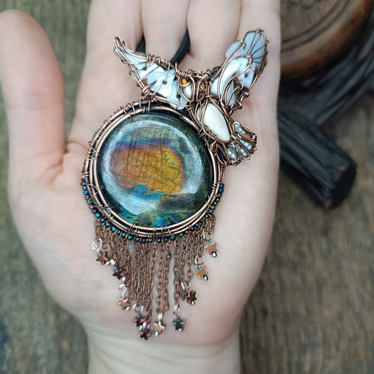 Owl over the sunset moon necklace